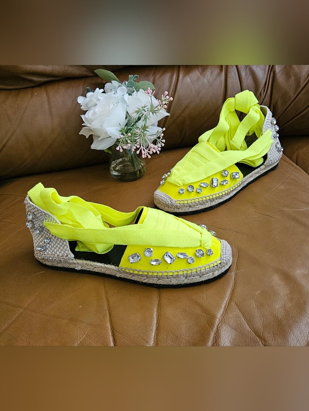 Women's LOEWE Neon Starmark Bijou Ribbon Strappy Espadrilles Size 8 US (WORN 2x)